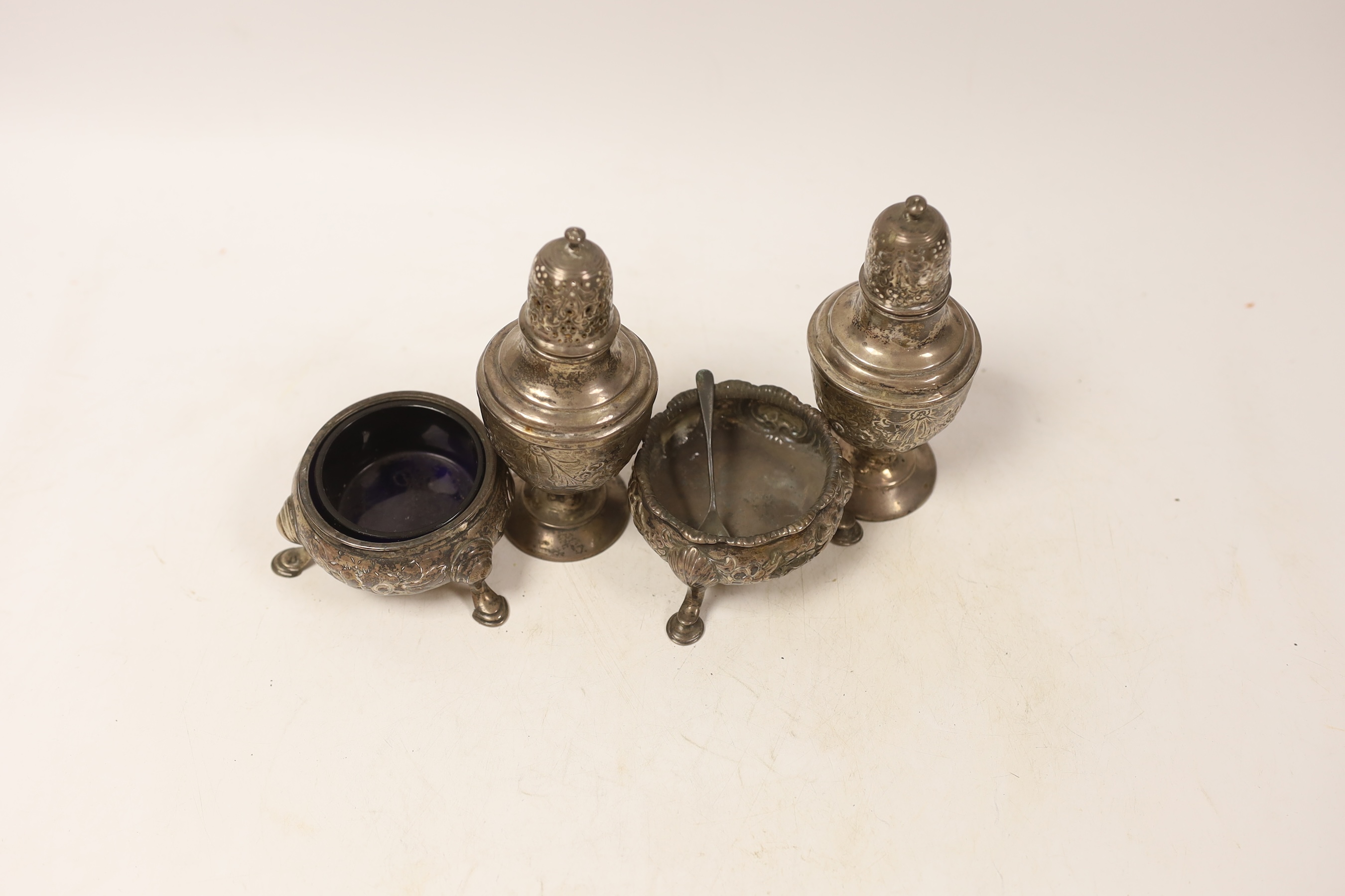Two George III silver salts and two late Victorian silver pepperettes, height 13cm
